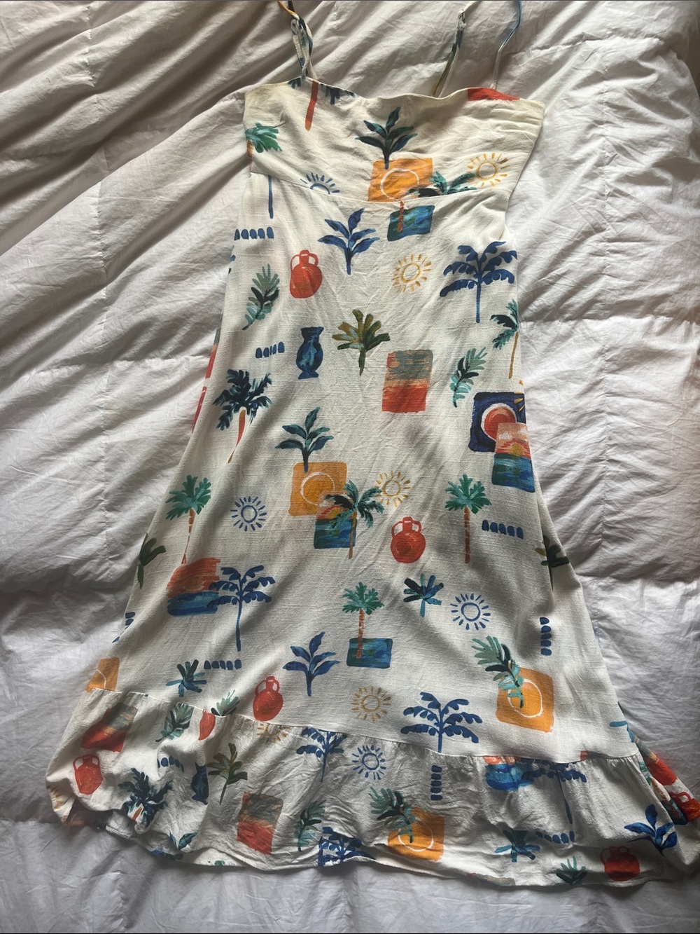 White Linen Tropical Print Midi Sundress with Ruffle Hem